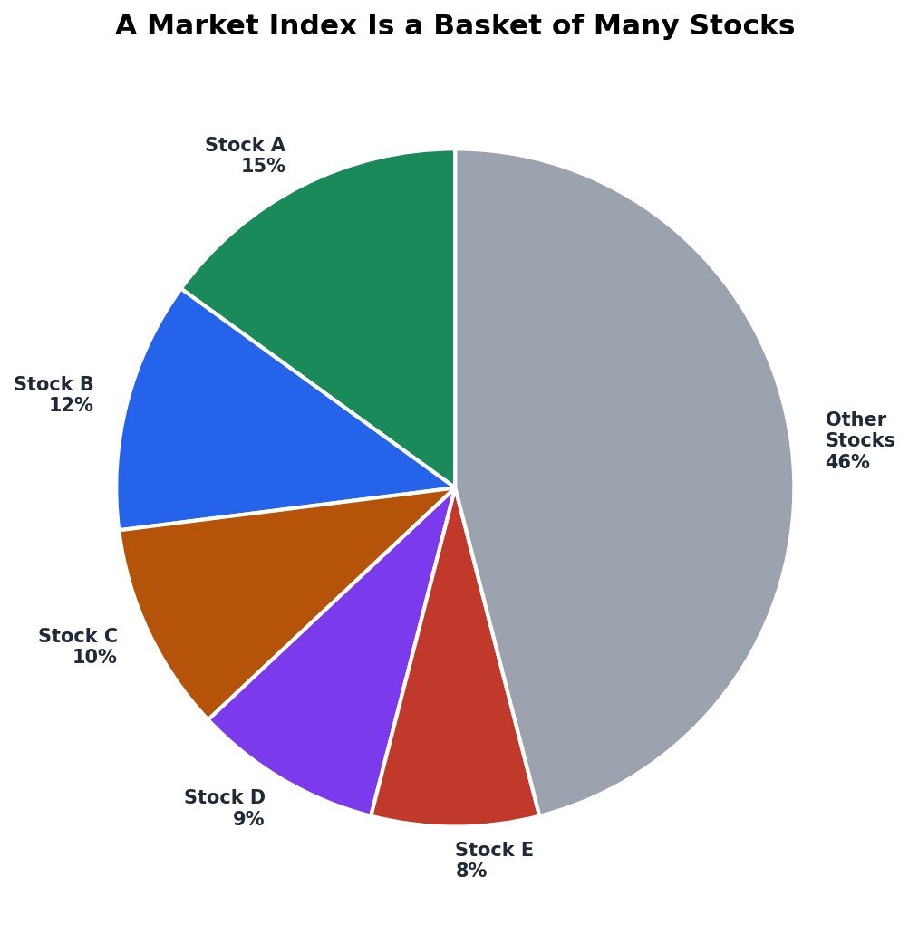 Pie chart showing a market index as a basket made up of many different stocks, each with its own weight
