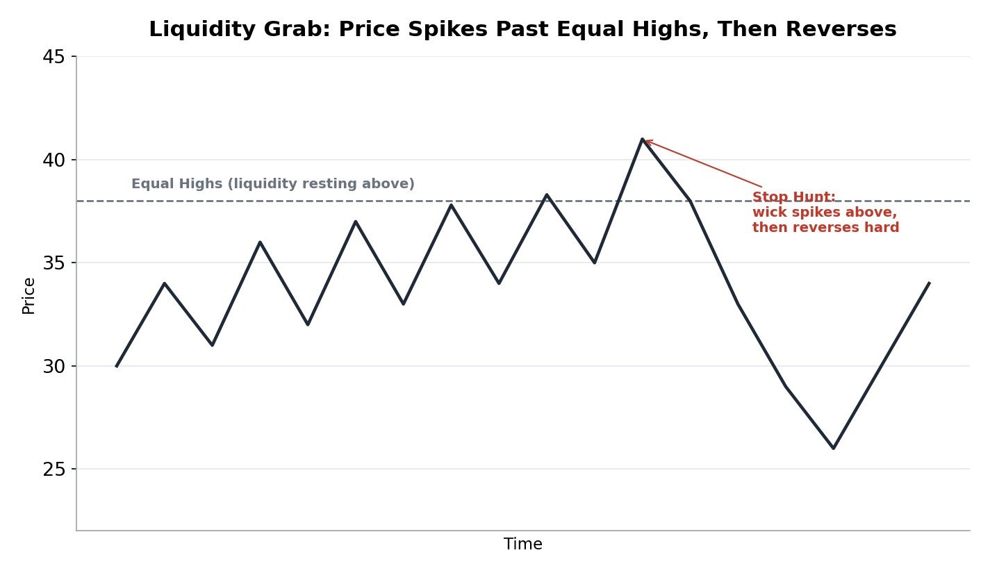 Chart showing price spiking above a level of equal highs before reversing sharply downward, a liquidity grab or stop hunt
