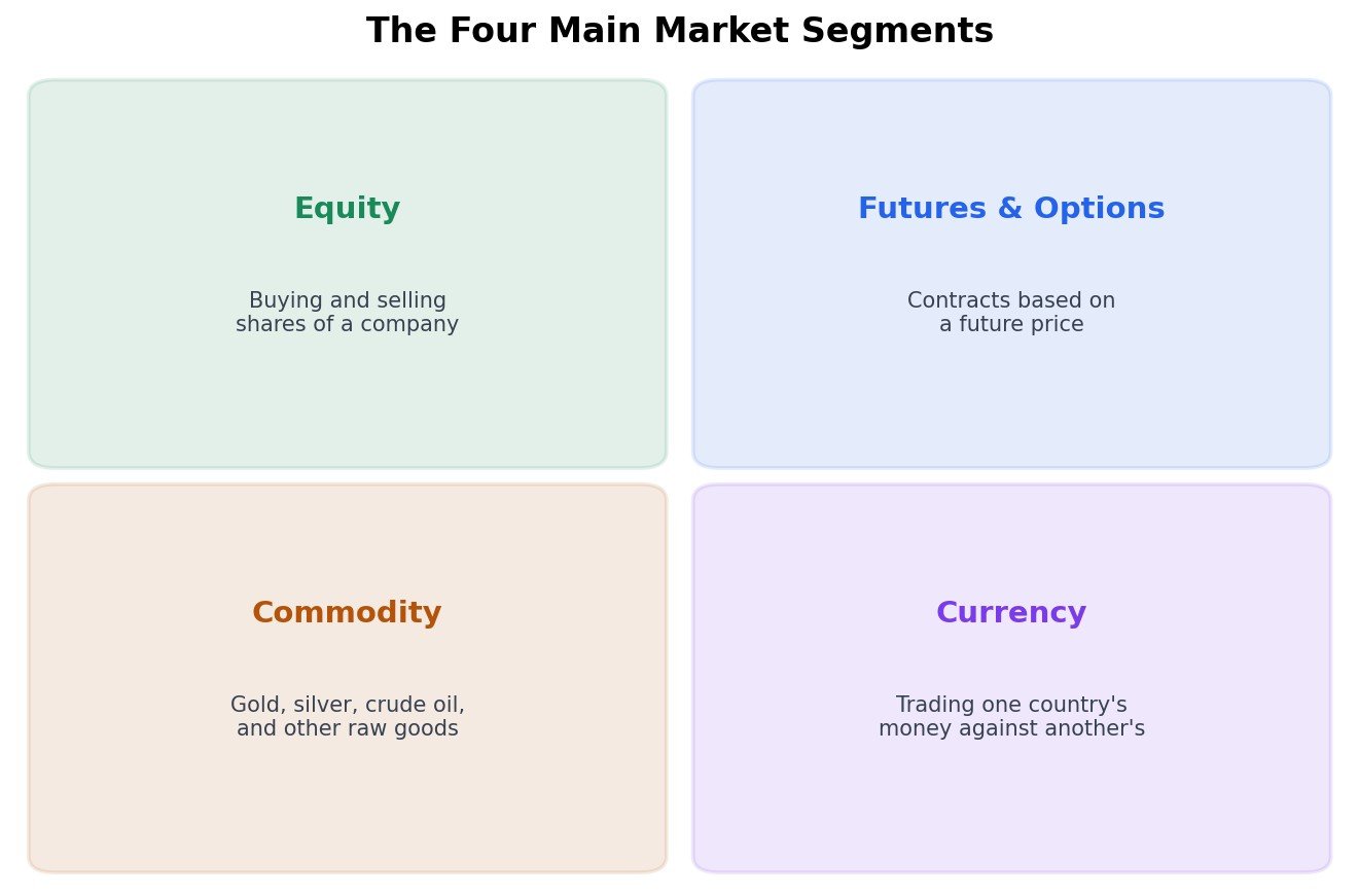 Diagram of the four main market segments: Equity, Futures and Options, Commodity, and Currency