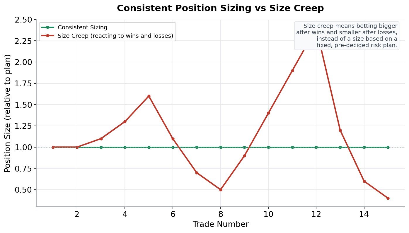 Line chart comparing consistent position sizing to size creep, where position size grows after wins and shrinks after losses