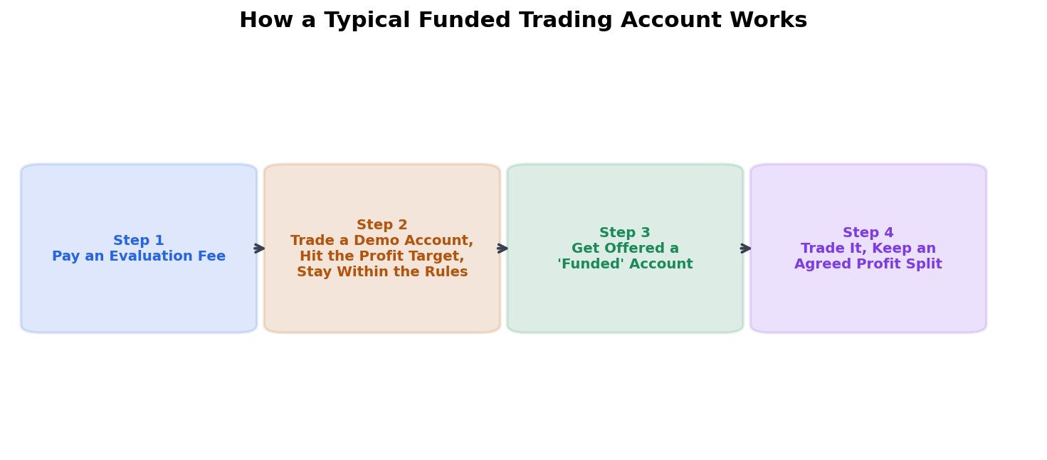 Diagram showing the typical funded trading account process: pay an evaluation fee, trade a demo account to hit a profit target, get offered a funded account, then trade it for a profit split