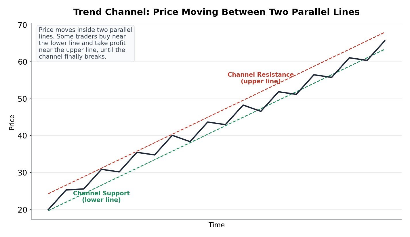 Chart showing price trending upward inside two parallel lines, a channel support and a channel resistance